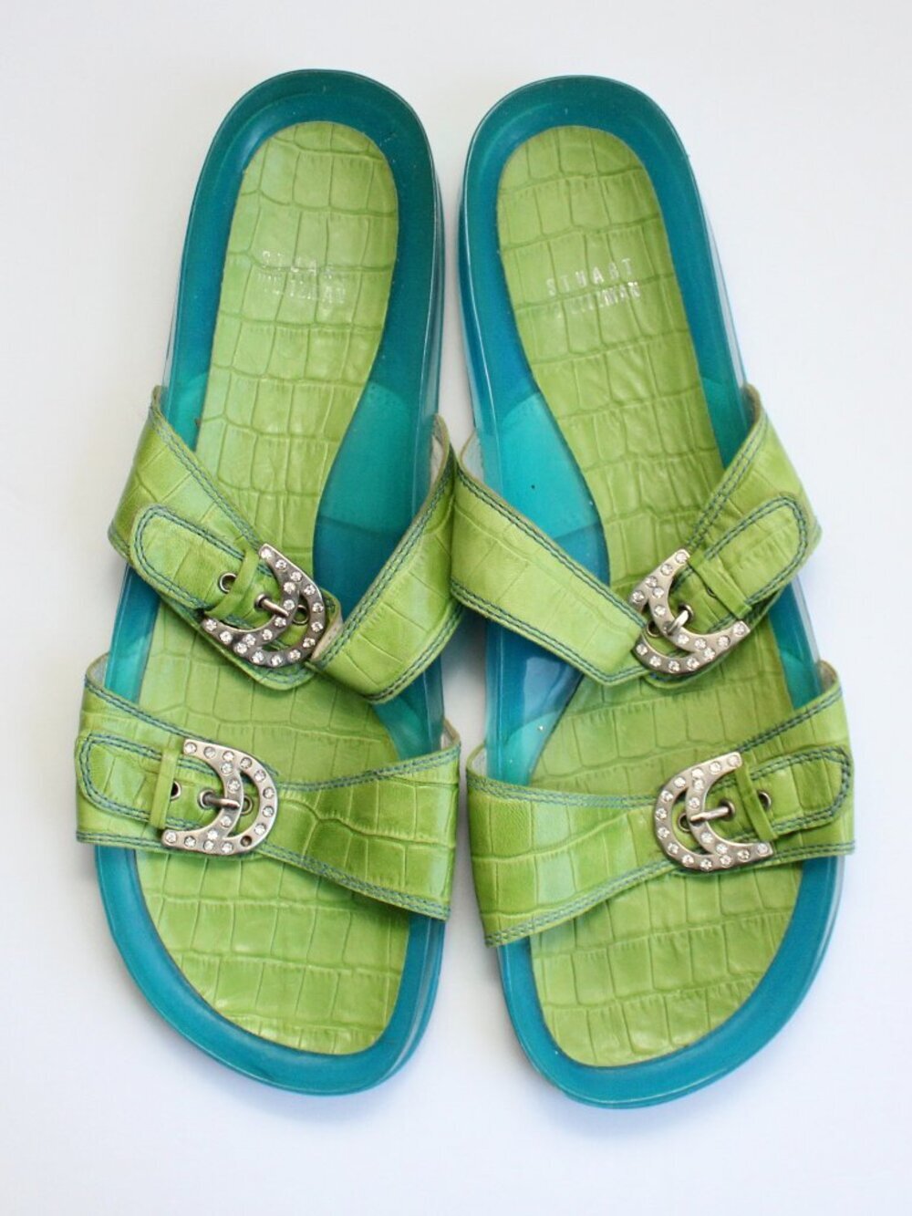 Stuart Weitzman Puppy Luv Green Croc Jelly Rhinestone Buckle Strap Sandals sz 10
